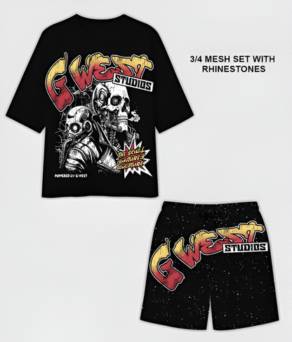 G West Rhinstone Skull Tech 3/4 Sleeves Mesh Short Set