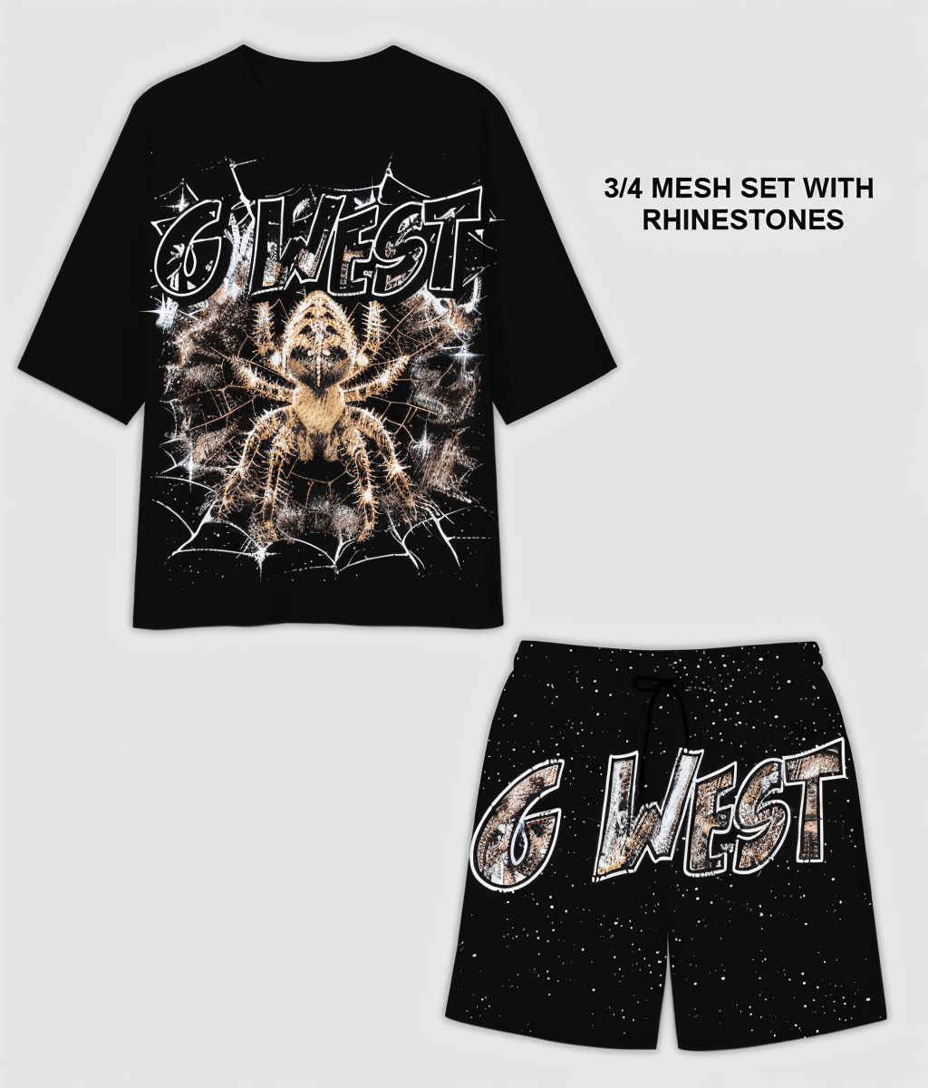 G West Rhinstone Spider 3.0 3/4 Sleeves Mesh Short Set