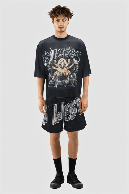 G West Rhinstone Spider 3.0 3/4 Sleeves Mesh Short Set