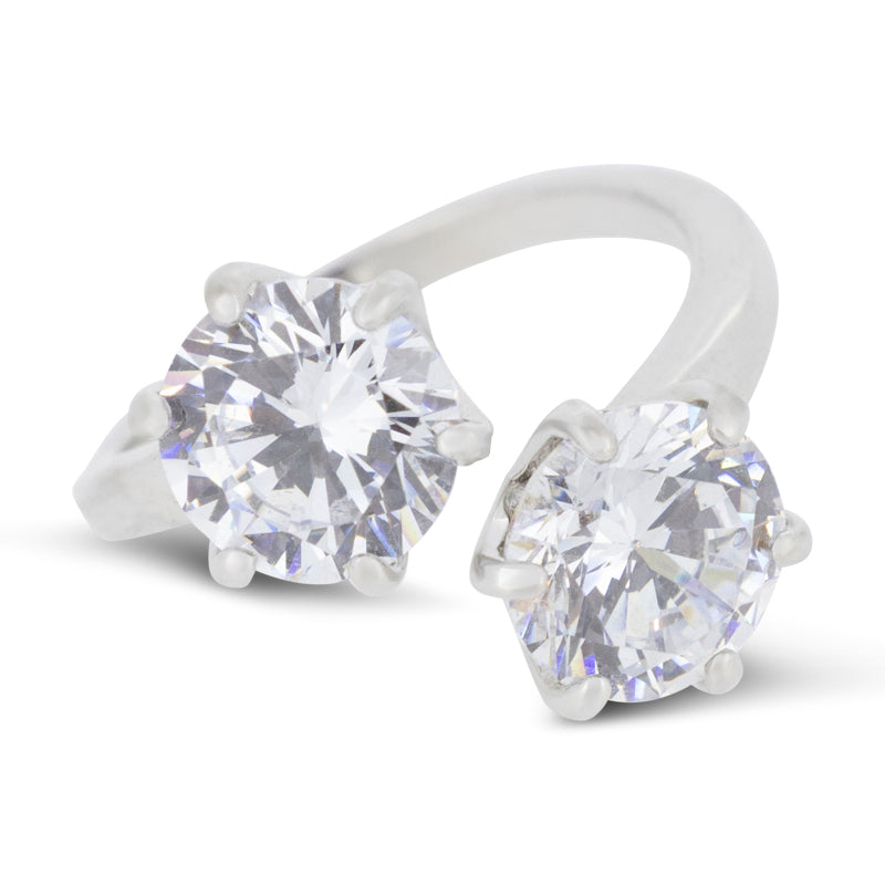 Covet Rhodium Plated Cubic Zirconia 2 Stone Split Silver Ring - Size M