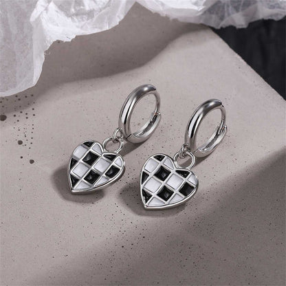 Black & White Checkerboard Heart Drop Earrings