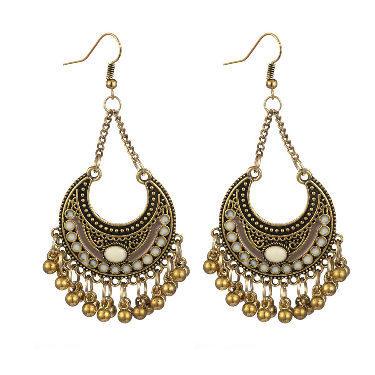Beige Enamel & Goldtone Ball-Detail Crescent Moon Drop Earrings