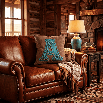 Baha Ranch Velvety Soft Western Tooled Initial Personalized Pillow Cover Made in America