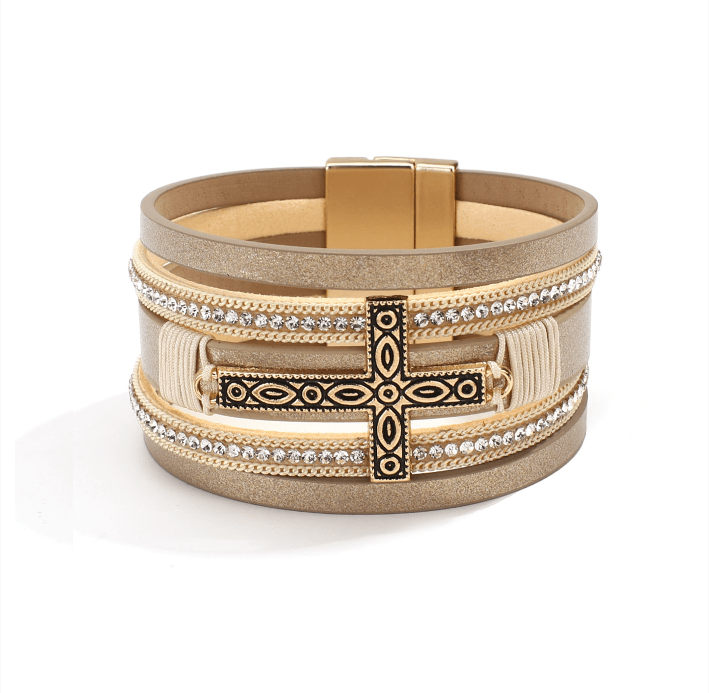 Goldtone Imitation Leather Boho Cross Bracelet