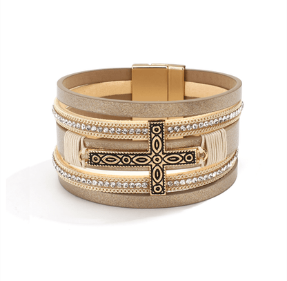 Goldtone Imitation Leather Boho Cross Bracelet