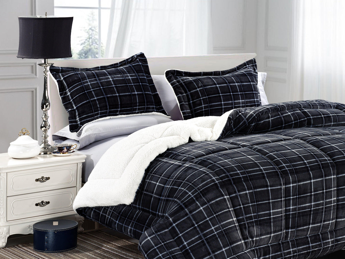 Elegant Comfort 3-Piece Plaid Micro-Suede Reversible Sherpa - Comforter Set