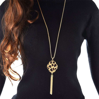 Beige Polyurethan & Goldtone Leopard Lattice Tassel Pendant Necklace