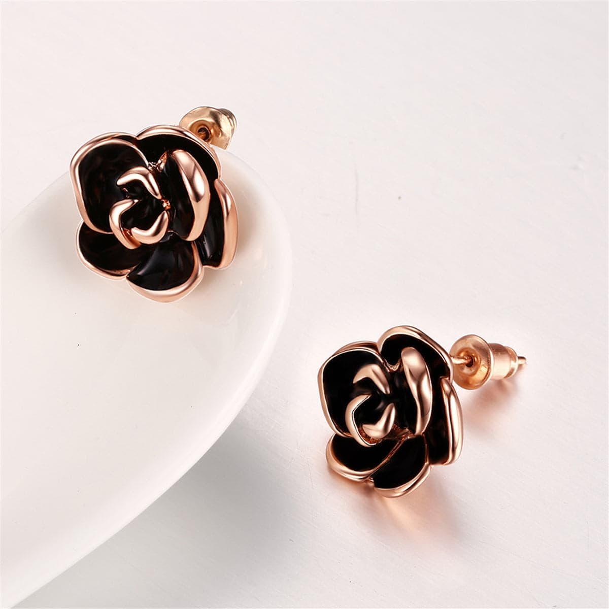 Black & Rose Goldtone Rose Stud Earrings