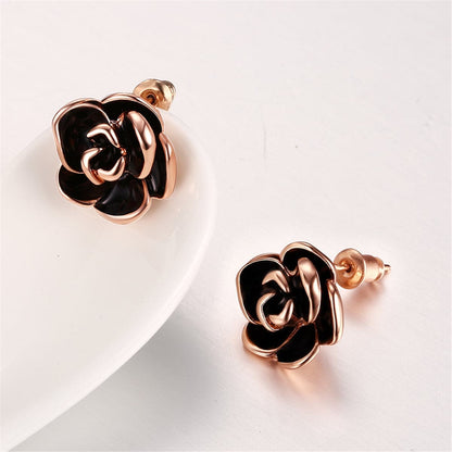 Black & Rose Goldtone Rose Stud Earrings