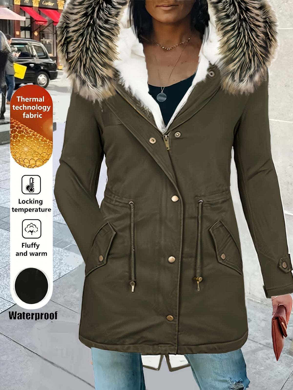 Chic YC Women's Winter Parka Coat Fleece Lined Military Jacket Women Faux Fur Hooded Coat