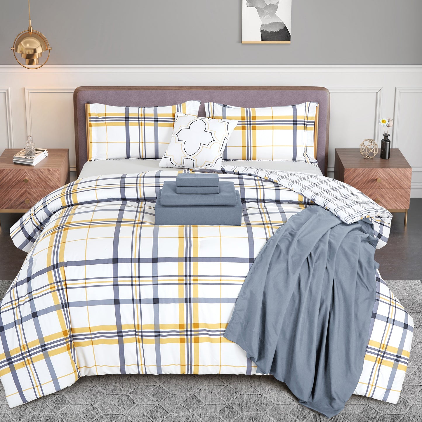 Elegant Comfort 8-Piece Lodge Plaid and Patch Reversible Comforter Set - Includes 4-Piece Sheet Set with Double Sided Storage Pockets