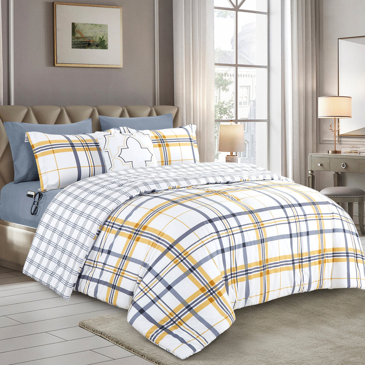 Elegant Comfort 8-Piece Lodge Plaid and Patch Reversible Comforter Set - Includes 4-Piece Sheet Set with Double Sided Storage Pockets