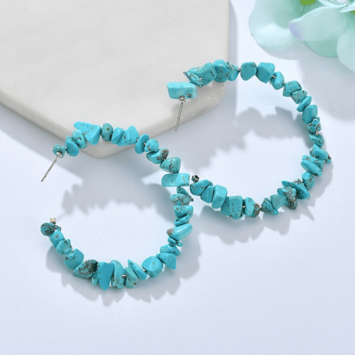 Goldtone Turquoise Chip Hoop Stud Earring