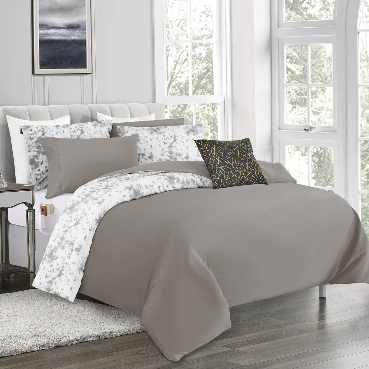 Elegant Comfort 10-Piece Tie-Dye Comforter Set, Includes 6-Piece Sheet Set with Double Sided Storage Pockets