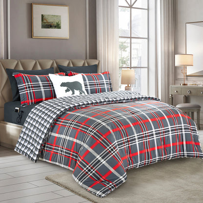 Elegant Comfort 8-Piece Lodge Plaid and Patch Reversible Comforter Set - Includes 4-Piece Sheet Set with Double Sided Storage Pockets