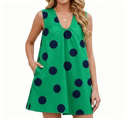 Sleeveless Polka Dot V Neck Shift Mini Dress