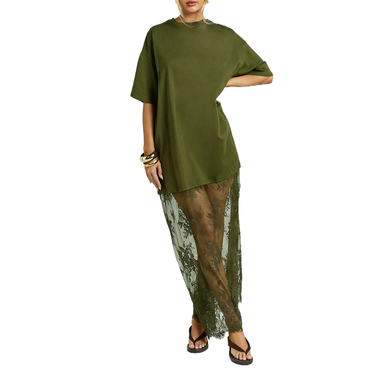 Women's Oversized T-Shirt Maxi Dress with Sheer Lace Hem Drop