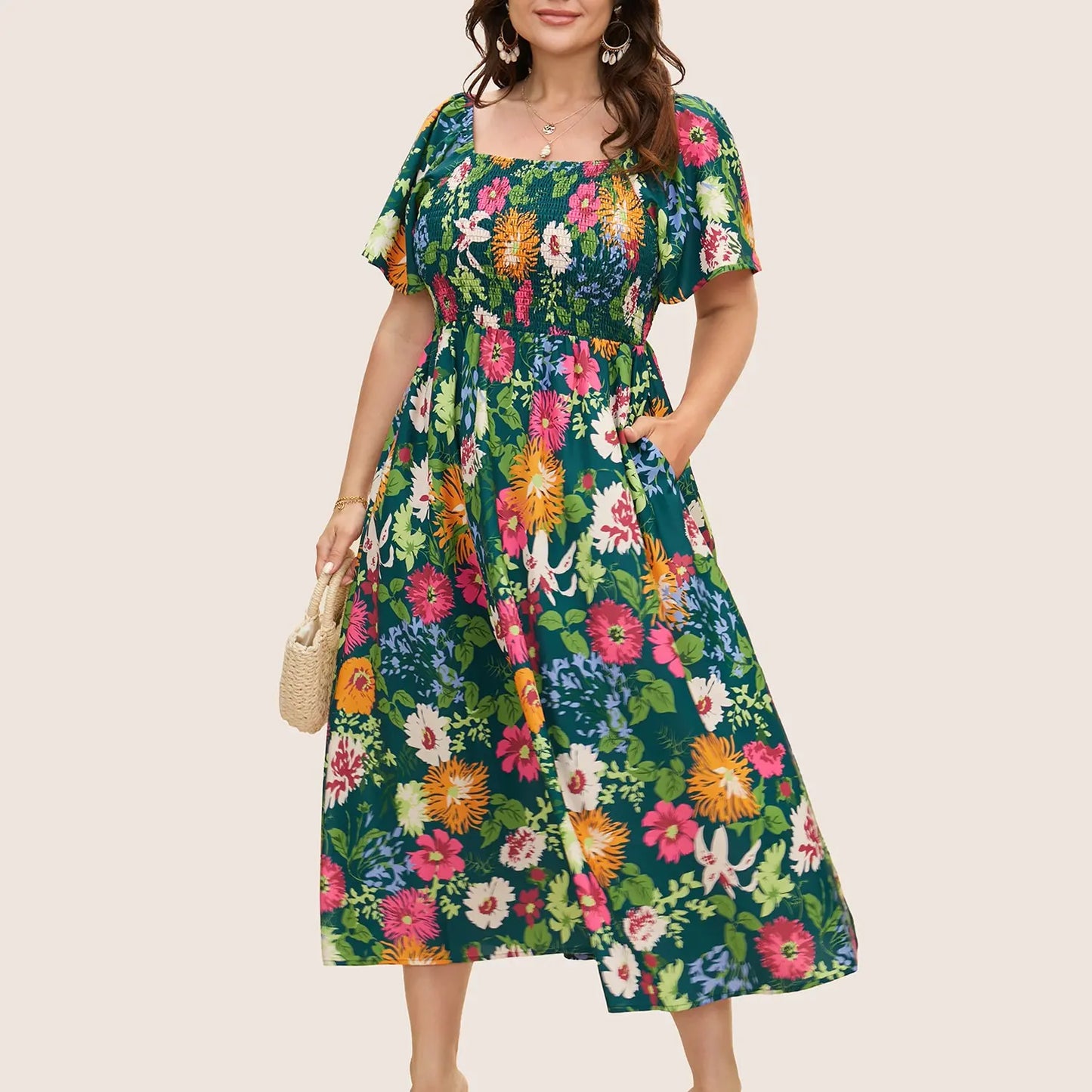 Floral Square Neck Midi Dress with Pockets