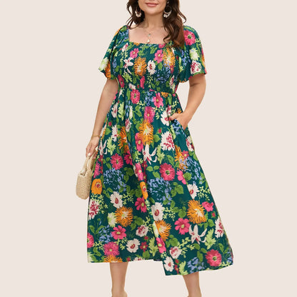 Floral Square Neck Midi Dress with Pockets