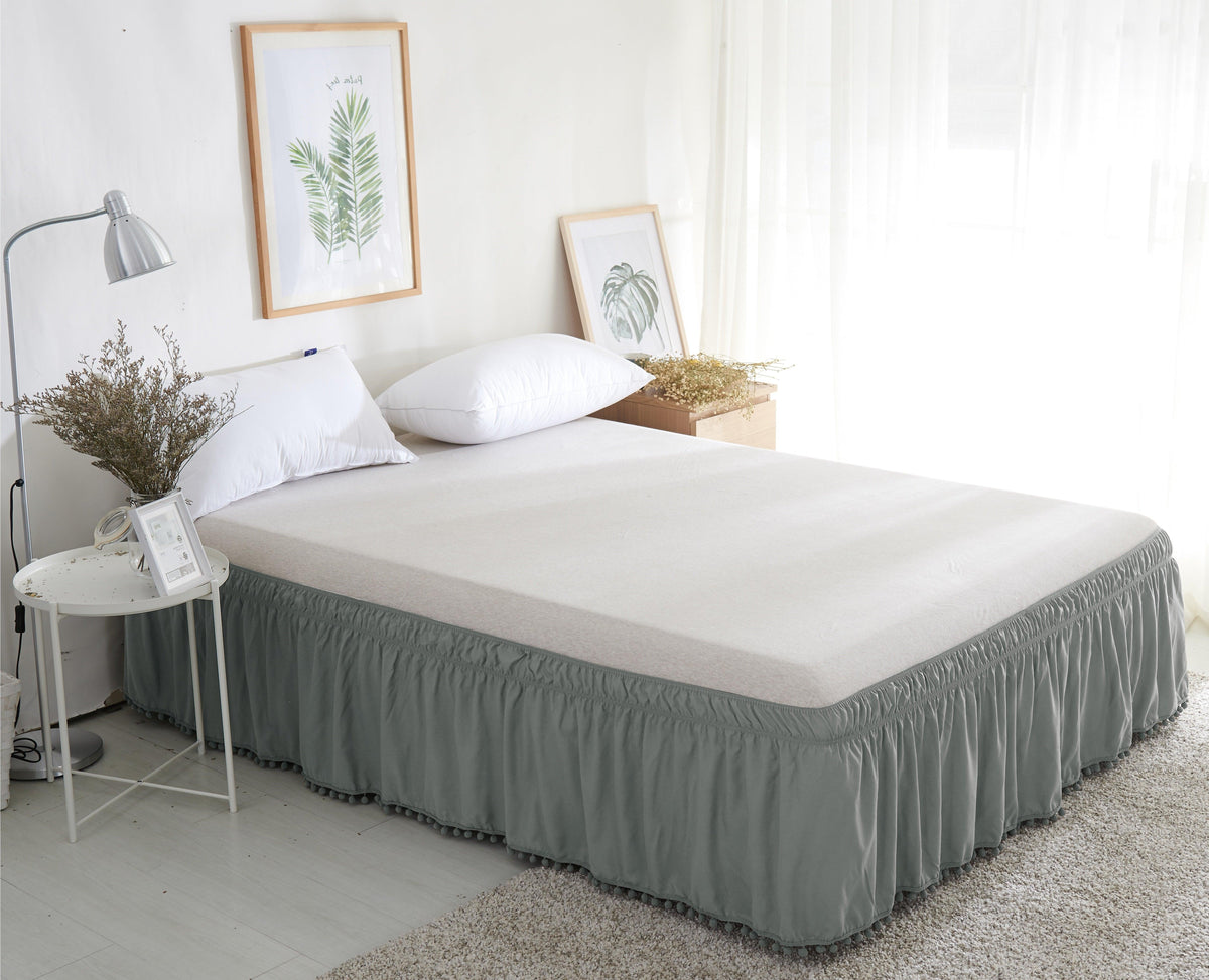 Elegant Comfort Top-Knot Tassel Pompom Fringe Ruffle Bed Skirt - Around Style Elastic Bed Wrap - 16 inch Drop