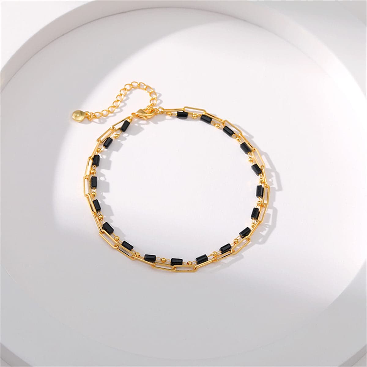 Black Acrylic & Goldtone Bead Chain Layered Anklet
