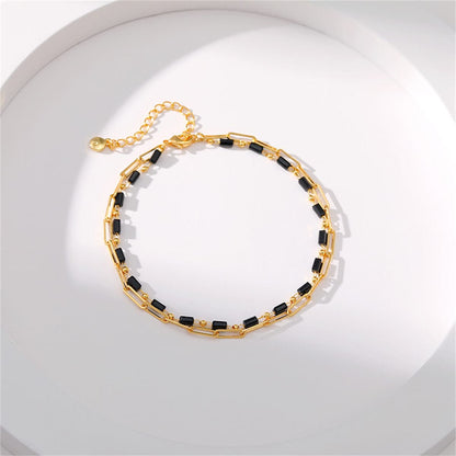 Black Acrylic & Goldtone Bead Chain Layered Anklet