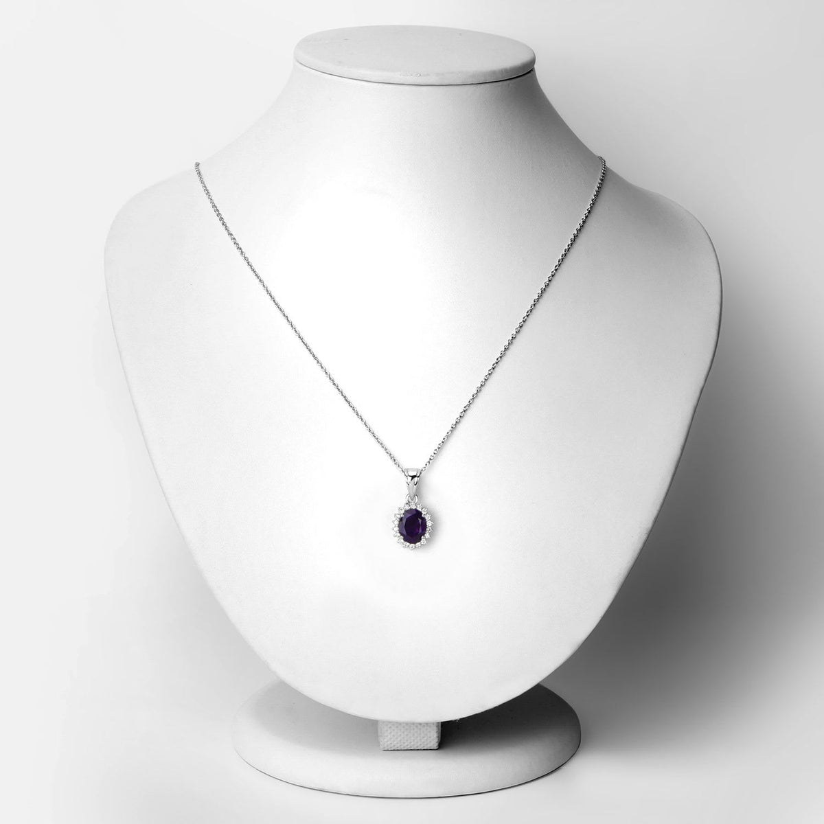 Genuine Amethyst and Lab Grown Diamond Silver Halo Necklace