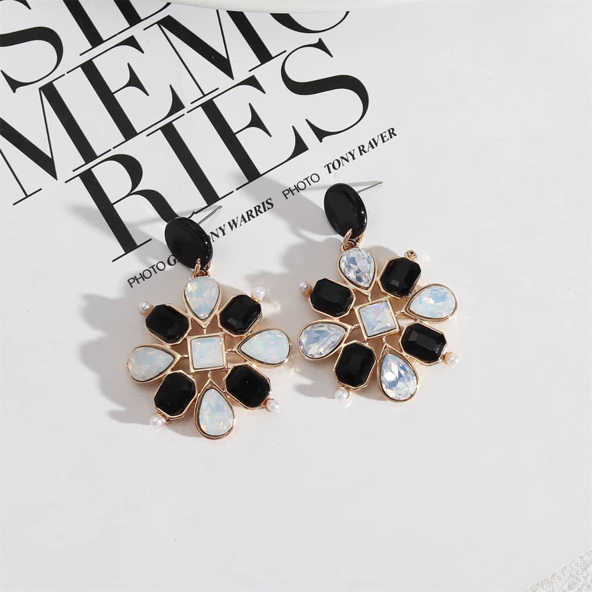 Black Acrylic & Crystal Pearl Goldtone Botanical Drop Earrings