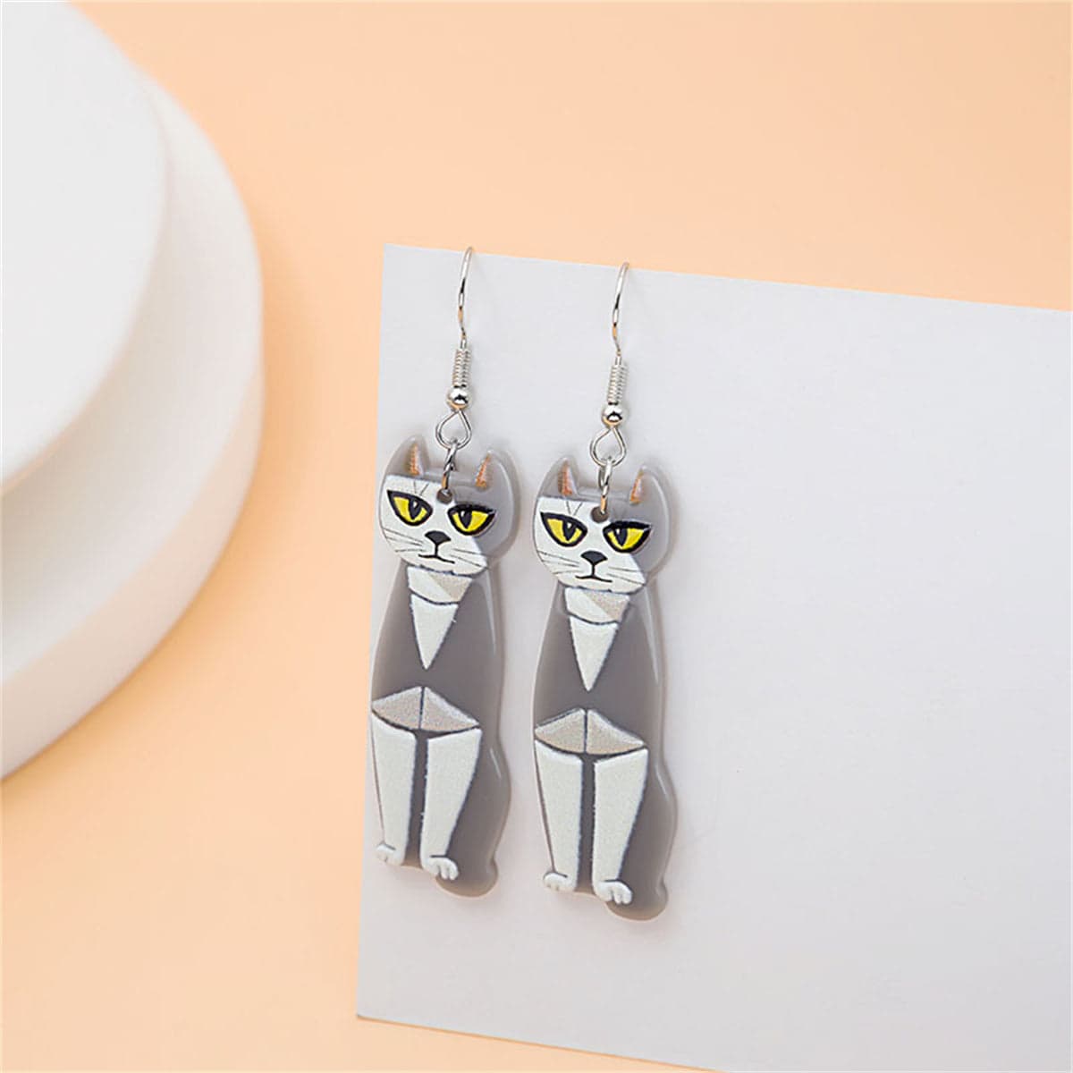 Acrylic & Silvertone Cat Drop Earrings