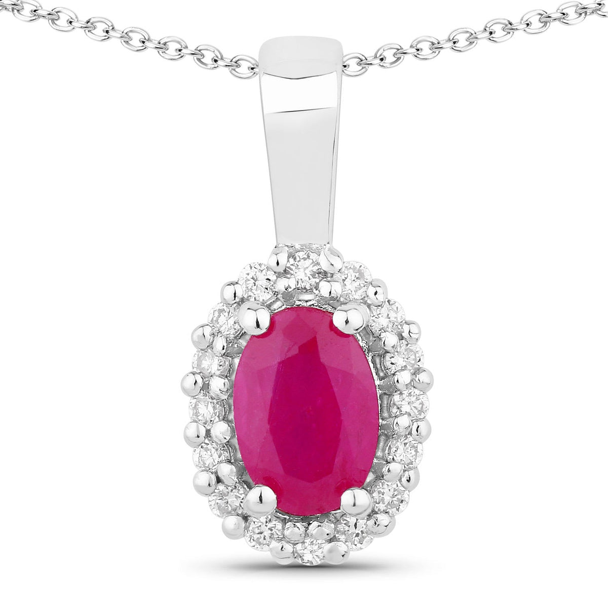 Genuine Mozambique Ruby and Lab Diamond Silver Halo Necklace