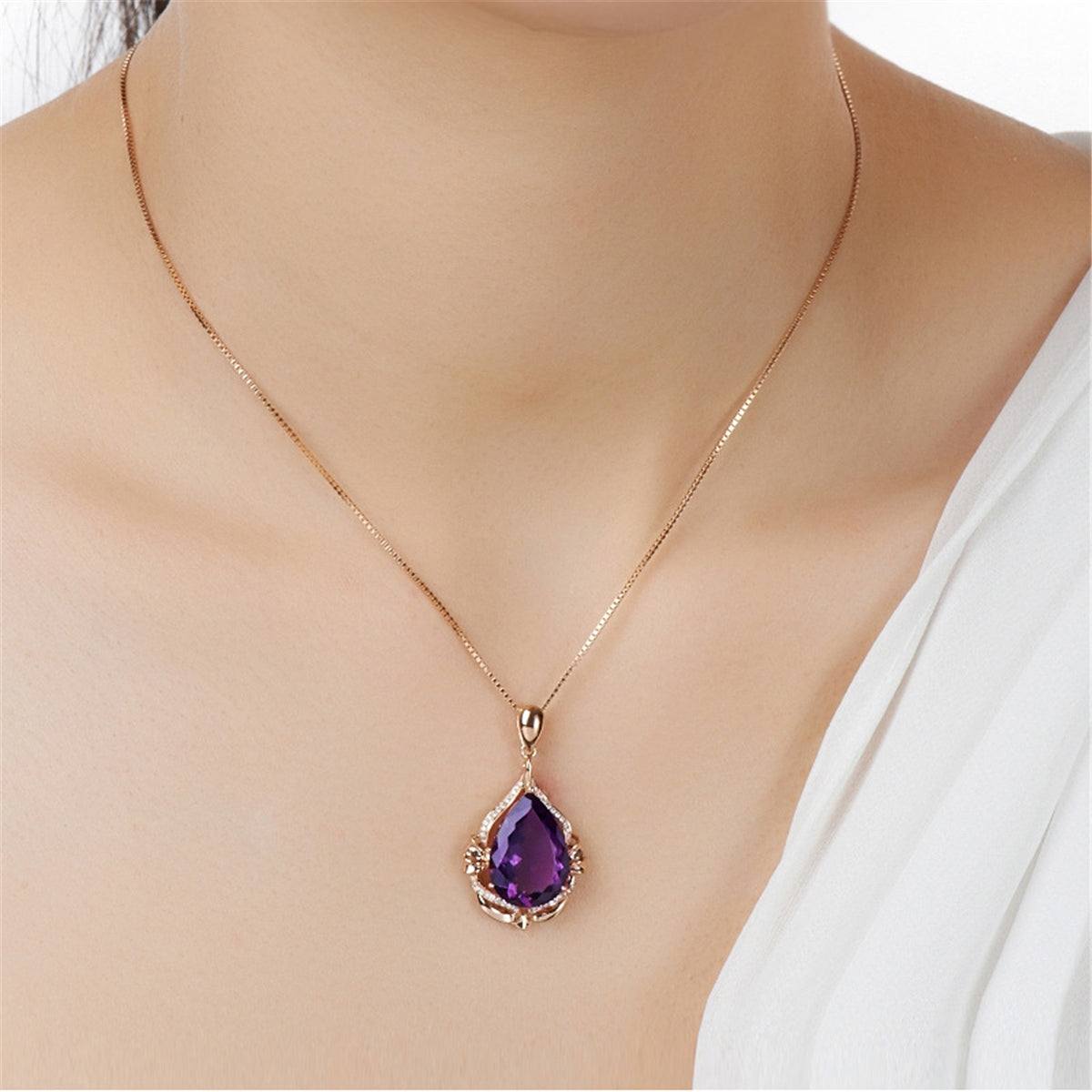 Purple Crystal & Cubic Zirconia Rose Goldtone Pendant Necklace
