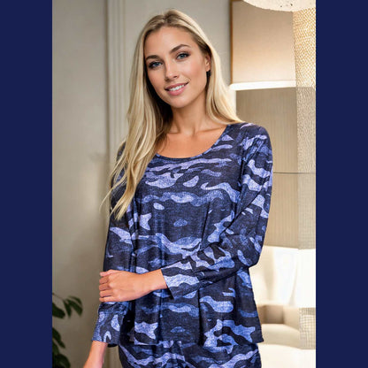 Relevate Designs Blue Camouflage Long Sleeve Lounge Top