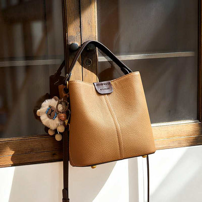 Colorblock Leather Bucket Shoulder Bag