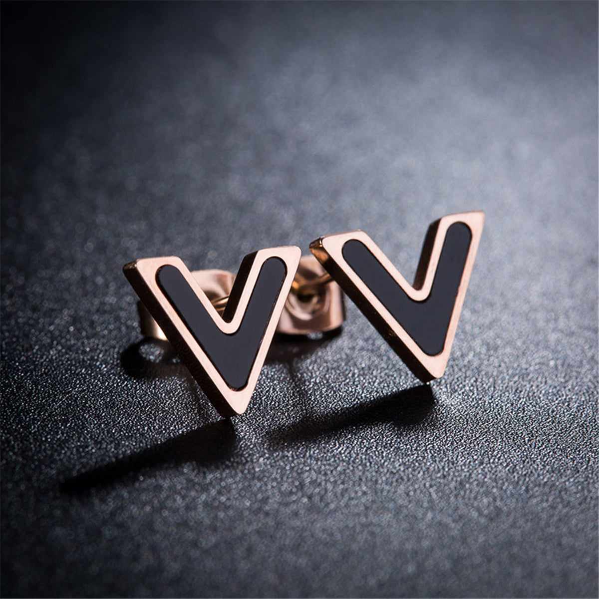 Black & Rose Goldtone V Stud Earrings