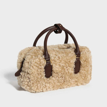 Beige Sherpa Fur Trimmed Elongated Top Handle Bag