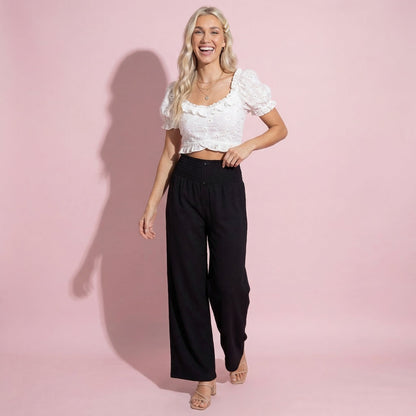 Anna-Kaci Women's Soft Textured Knit Lounge Pants with Wide Leg Silhouette and Stretch High Waistband Featuring Decorative Button Front Detail