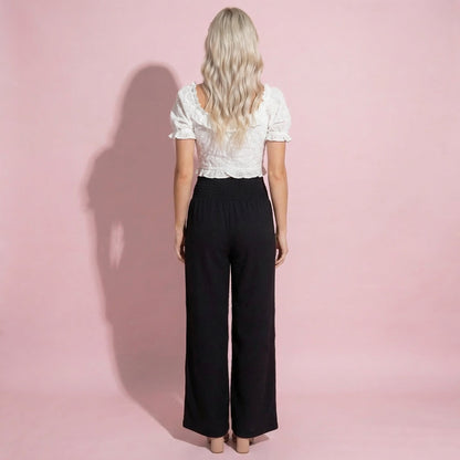 Anna-Kaci Women's Soft Textured Knit Lounge Pants with Wide Leg Silhouette and Stretch High Waistband Featuring Decorative Button Front Detail