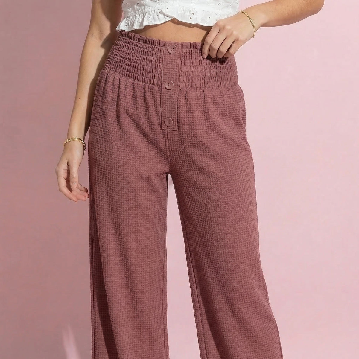 Anna-Kaci Women's Soft Textured Knit Lounge Pants with Wide Leg Silhouette and Stretch High Waistband Featuring Decorative Button Front Detail