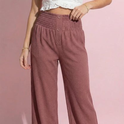 Anna-Kaci Women's Soft Textured Knit Lounge Pants with Wide Leg Silhouette and Stretch High Waistband Featuring Decorative Button Front Detail