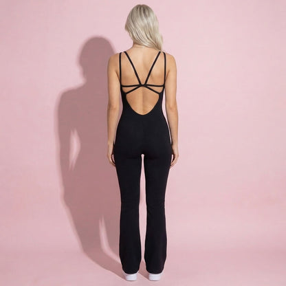 Anna-Kaci Active Women's Scoop Neck Flare Leg One-Piece Activewear Jumpsuit with Contoured Fit and Smooth Stretch Fabric for Streamlined Comfort