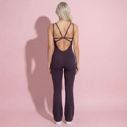 Anna-Kaci Active Women's Scoop Neck Flare Leg One-Piece Activewear Jumpsuit with Contoured Fit and Smooth Stretch Fabric for Streamlined Comfort
