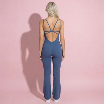 Anna-Kaci Active Women's Scoop Neck Flare Leg One-Piece Activewear Jumpsuit with Contoured Fit and Smooth Stretch Fabric for Streamlined Comfort
