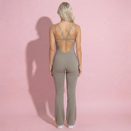 Anna-Kaci Active Women's Scoop Neck Flare Leg One-Piece Activewear Jumpsuit with Contoured Fit and Smooth Stretch Fabric for Streamlined Comfort