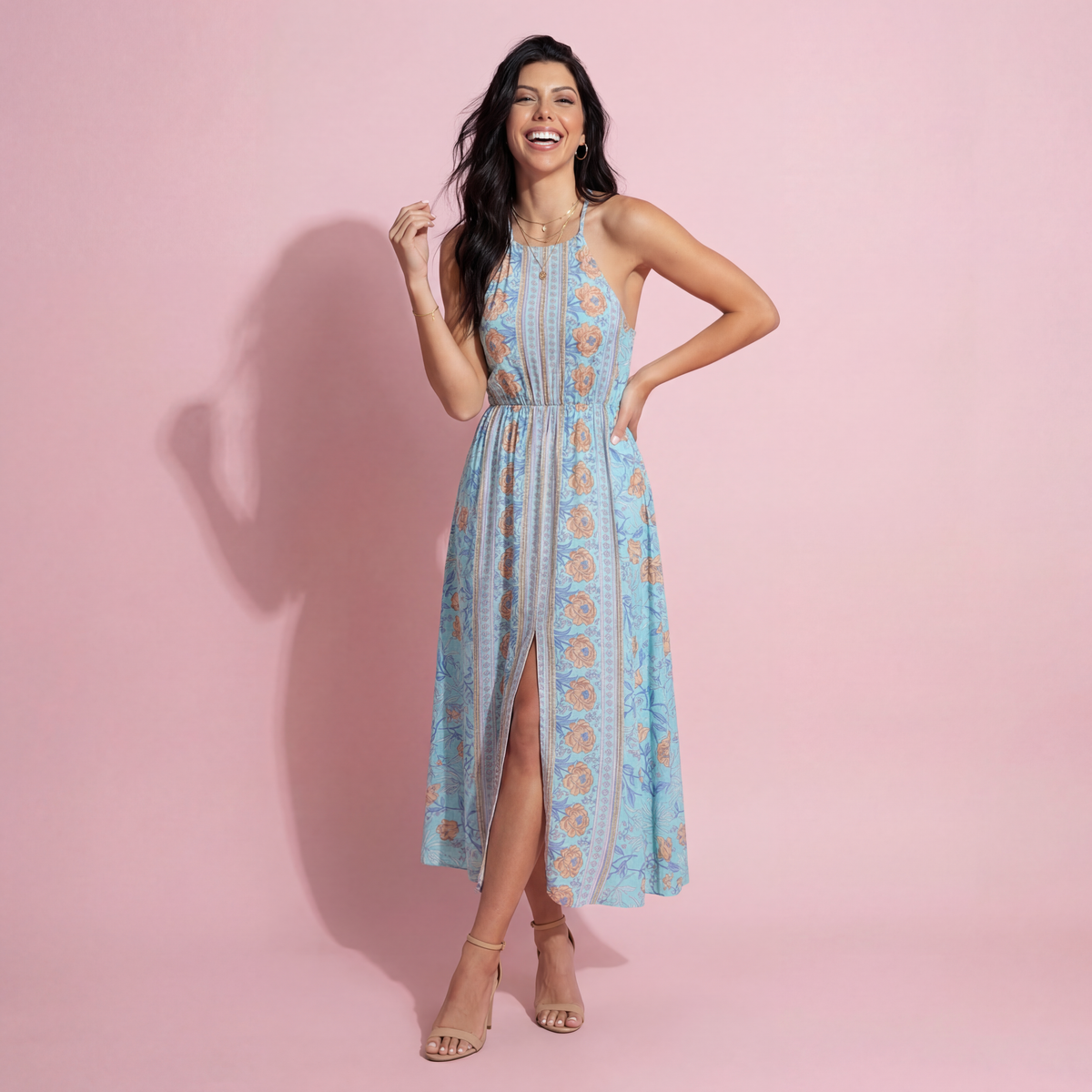 Halter Neck Backless Floral Dress