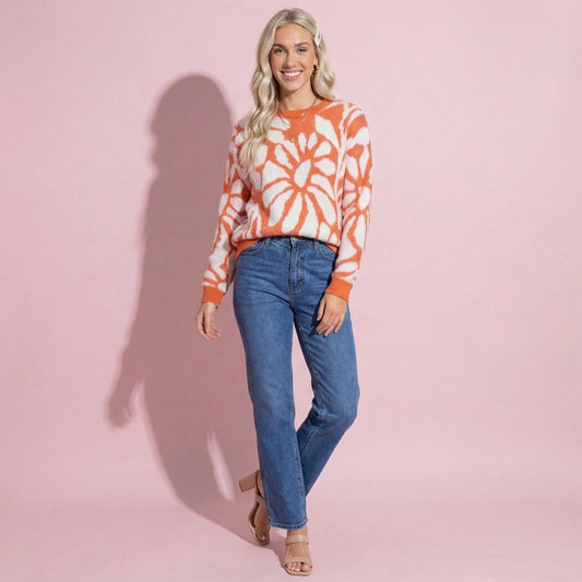 Anna-Kaci Women's Bold Abstract Floral Pattern Knit Sweater with Soft Textured Feel Ribbed Crew Neckline and Relaxed Silhouette