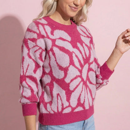 Anna-Kaci Women's Bold Abstract Floral Pattern Knit Sweater with Soft Textured Feel Ribbed Crew Neckline and Relaxed Silhouette