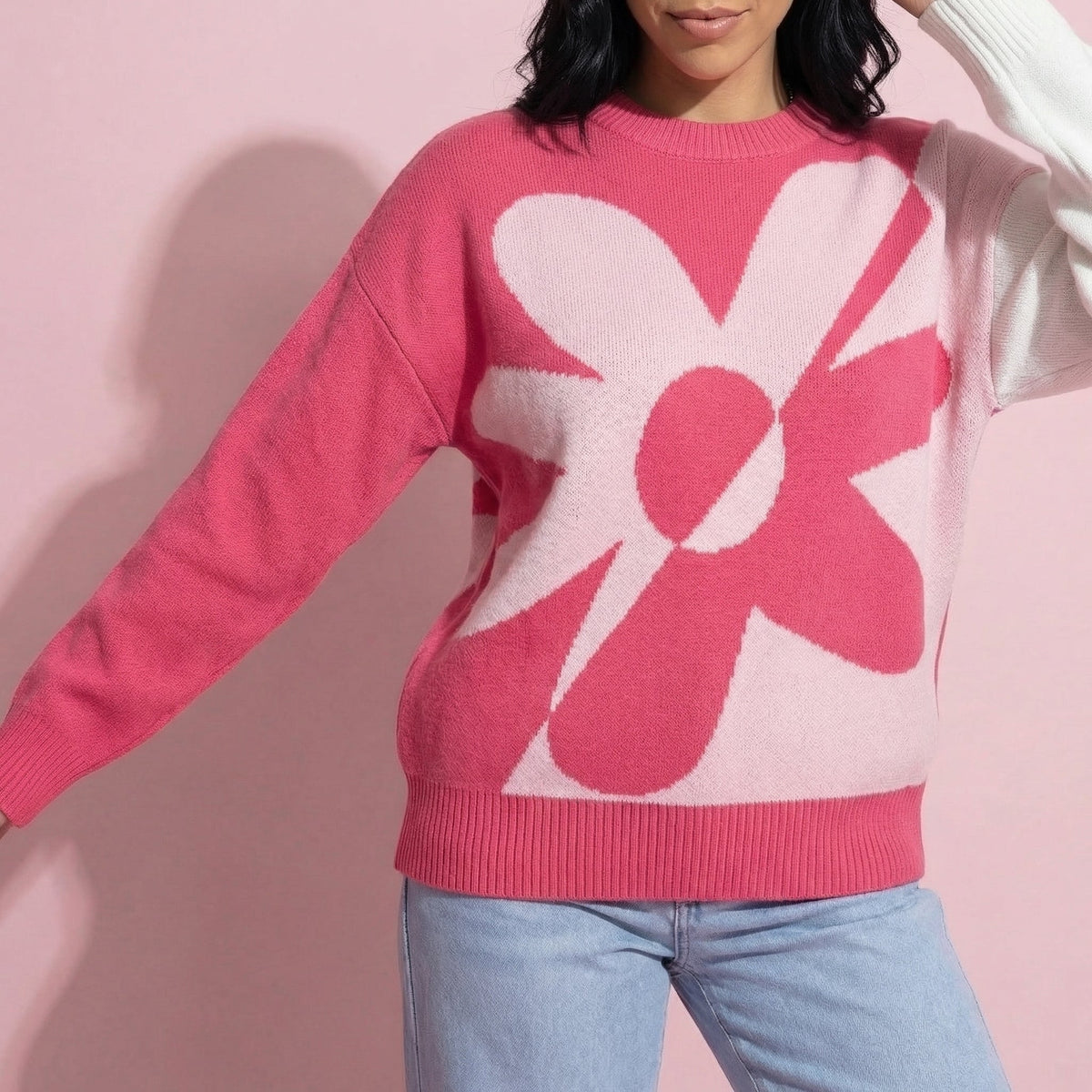 Anna-Kaci Women's Bold Graphic Floral Pattern Knit Sweater with Soft Crew Neckline and Relaxed Long Sleeve Pullover Fit