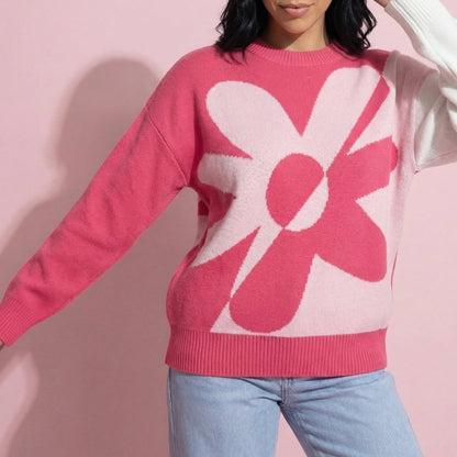 Anna-Kaci Women's Bold Graphic Floral Pattern Knit Sweater with Soft Crew Neckline and Relaxed Long Sleeve Pullover Fit
