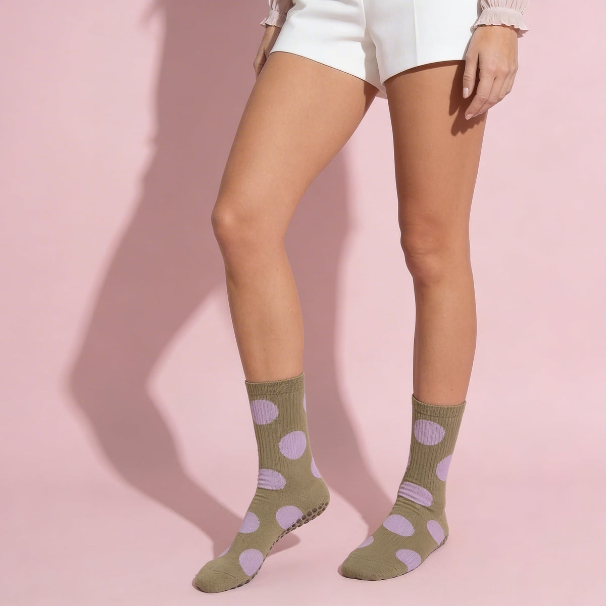 Anna-Kaci 2 Pairs Womens Polka Dot Cotton Crew Socks with Non Slip Grip Sole