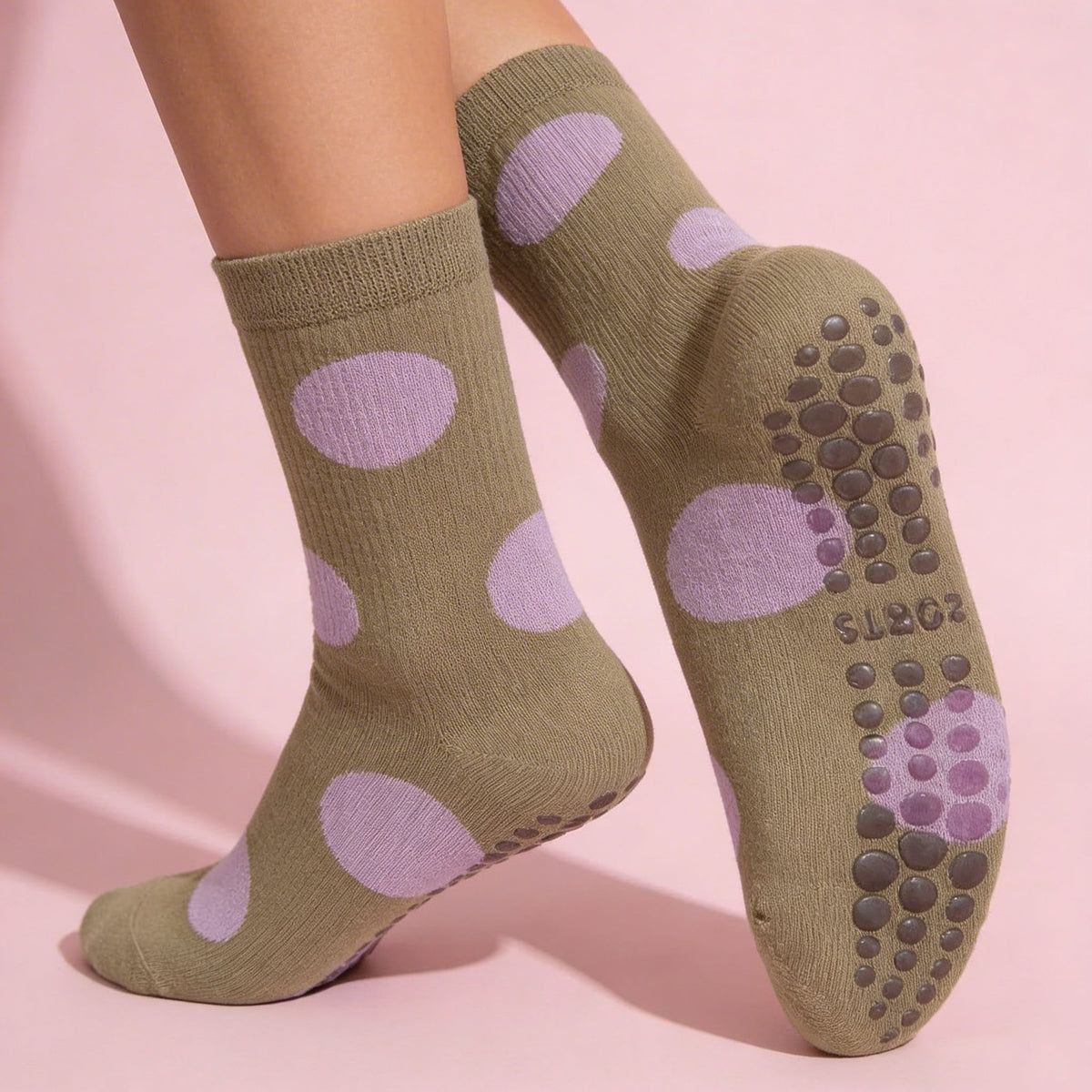 Anna-Kaci 2 Pairs Womens Polka Dot Cotton Crew Socks with Non Slip Grip Sole